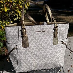 Michael Kors Voyager Cream and Gold Signature Tote Bag and Laser Cut Star Detail
